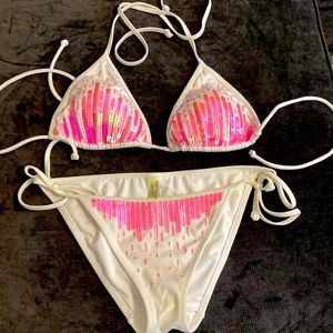 Beautiful white/pink sequins bikini. S bot/M top